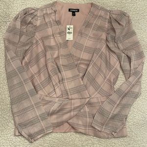 Express V-Neck Puff Shoulder Drape Wrap Peplum Top- Large